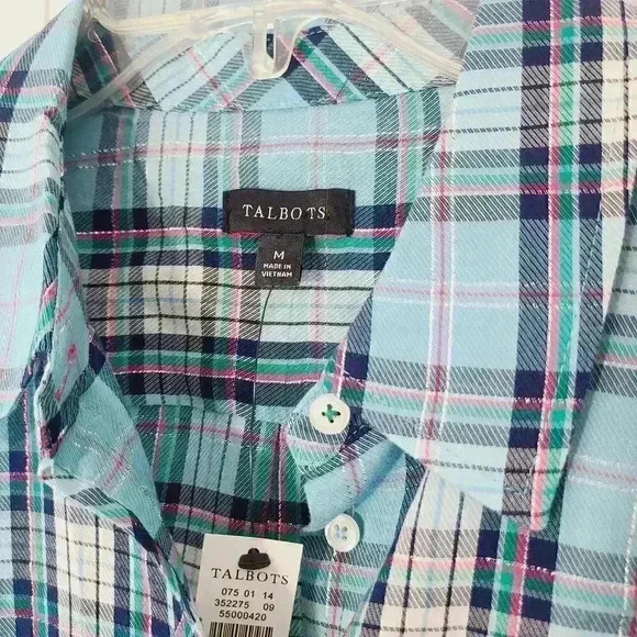Talbots Petite NWT Teal Plaid Metallic Lightweight Button-Up Shirt Size Medium - Picture 2 of 7